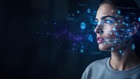 Young woman with digital network overlay and glowing data connections on face representing artificial intelligence and future technology concepts.