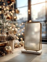 Golden framed mirror on marble base with festive decorations and warm bokeh lights creating cozy holiday atmosphere for seasonal home decor and styling.