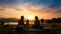 Family of four sitting together on grass by lake at sunset, enjoying outdoor picnic and quality time in nature during golden hour.