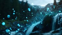 Magical waterfall scene with glowing blue orbs of light floating in dark forest atmosphere, cascading water creates mystical environment with bokeh effects and ethereal glow.