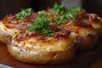 Baked potato halves loaded with melted cheese, crispy bacon bits and fresh parsley garnish on wooden cutting board, close up view of homemade comfort food.