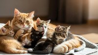 Adorable group of mixed breed kittens cuddling together on soft blanket in warm sunlight, featuring orange tabby, calico and black cats for pet adoption.