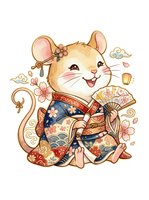 Cheerful mouse character wearing traditional Asian kimono with floral patterns, holding decorative fan, surrounded by flowers and ornamental elements on white background for merchandise and design projects.