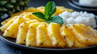 Fresh sliced pineapple rings garnished with mint leaves served on dark plate with white rice, close up view of tropical fruit dessert presentation.