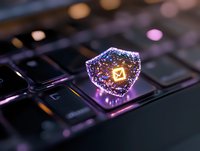 Glowing shield icon on computer keyboard with purple neon lighting effect and bokeh background, representing cybersecurity and digital protection concept.