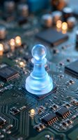Glowing blue chess pawn piece on computer circuit board representing digital strategy, artificial intelligence and technology leadership in business.