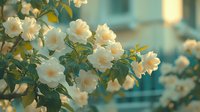 Delicate cream-colored roses blooming on bush with soft green foliage against blurred turquoise background, captured in gentle morning light with dreamy atmosphere.
