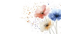 Delicate watercolor flowers in coral pink, blue and cream with golden dots on white background for spring greeting cards and feminine designs.