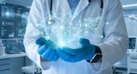 Medical researcher in lab coat and blue gloves holding glowing digital network connections representing healthcare technology innovation and scientific data analysis.