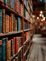 Vintage books arranged on wooden shelves in cozy library with warm lighting creating atmospheric reading environment for education and literature concepts.