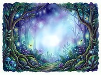 Enchanted forest clearing with glowing magical light, ancient twisted trees, mystical atmosphere, and bioluminescent plants creating a fantasy woodland scene.