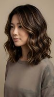 Young Asian woman with wavy brown hair and golden highlights wearing beige sweater against neutral background for beauty and fashion concepts.