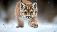 Wild lynx cub walking in deep winter snow during snowfall, close up portrait of young predator cat with intense gaze and distinctive ear tufts.