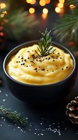 Creamy mashed potatoes garnished with black pepper and fresh rosemary in dark bowl, festive Christmas dinner setting with bokeh lights and pine branches.