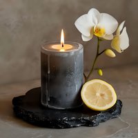 Burning gray candle on black stone plate with white orchid flower and fresh lemon slice, creating zen atmosphere for spa and meditation practices.