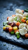 Fresh chopped vegetables including cauliflower, carrots, celery and onions arranged on dark slate surface with water droplets for healthy cooking preparation.