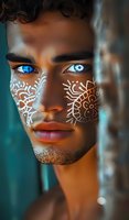 Young African American male model with artistic white face paint design and striking blue and white contact lenses against turquoise background in creative portrait.