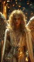 Ethereal angel warrior with flowing golden hair and white wings stands amid magical bokeh lights, wearing ornate armor and layered necklaces in warm mystical atmosphere.