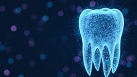 Digital tooth hologram with glowing blue wireframe structure on dark background with bokeh lights for dental technology and healthcare innovation concepts.