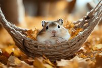 Adorable dwarf hamster relaxing in tiny woven hammock surrounded by golden autumn leaves, close-up portrait showing cute face and fluffy cheeks.