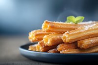 Traditional Spanish churros sprinkled with sugar served on dark plate with mint garnish. Close up view of crispy fried pastry dessert with soft blurred background.
