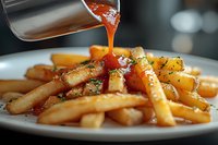 Crispy golden french fries on white plate with rich gravy sauce being poured from stainless steel jug, garnished with herbs for restaurant presentation.