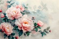 Delicate pink peonies with emerald leaves on soft misty background, romantic floral composition in watercolor style creates dreamy garden atmosphere.