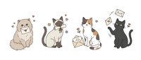 Adorable cartoon cats collection with love letters and hearts on white background. Pet adoption, valentine greeting cards, romantic messaging concept.