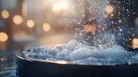 Water splashing in dark basin with golden bokeh lights creating atmospheric mood for spa, wellness, or relaxation concepts.