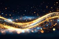 Magical golden light wave with sparkling particles and bokeh effects flowing on dark background, creating luminous abstract festive atmosphere.