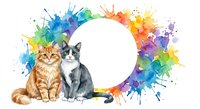 Two adorable kittens sitting together surrounded by vibrant rainbow watercolor splashes on white background, perfect for pet-themed designs and artwork.