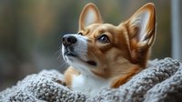Attentive Welsh Corgi dog wrapped in cozy knit blanket looking up with alert expression and bright blue eyes against soft blurred background. Perfect for pet care themes.