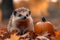 Adorable hedgehog sitting next to orange pumpkin surrounded by fallen autumn leaves in warm sunset lighting, creating magical fall season atmosphere.