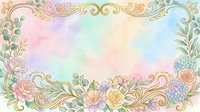 Watercolor floral frame with gold ornaments and pastel rainbow background, roses and hydrangeas, copy space for wedding or greeting card design.