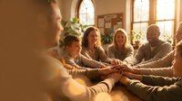 Diverse group of adults and children joining hands in circle during team building activity indoors with natural light from windows, promoting unity and cooperation.