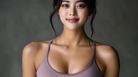 Young Asian woman with natural makeup and gentle smile wearing purple sports bra against dark background, wellness and healthy lifestyle concept.