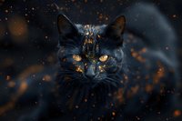 Black cat with glowing amber eyes surrounded by magical floating orange sparkles and bokeh effects against dark mysterious background. For fantasy art.