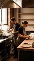 Professional chefs working together in modern restaurant kitchen preparing meals during busy service with industrial equipment and warm lighting atmosphere.