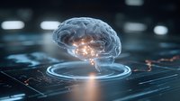 Glowing digital brain hologram on futuristic technology surface with neural connections, representing artificial intelligence and cognitive science.