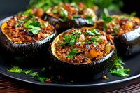 Stuffed eggplant halves with minced meat, vegetables and fresh herbs served on black plate. Mediterranean cuisine close up with selective focus.