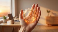 Person holding glowing golden clock in hand at sunset, symbolizing time management, deadline, and productivity in modern office workspace.