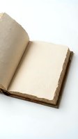 Open vintage book with blank aged pages on white background for writing, journaling, storytelling and creative projects.