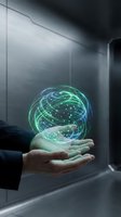 Businessman holding glowing holographic sphere with digital network connections in modern office environment representing innovation and technology solutions.
