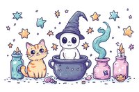 Magical Halloween scene with cute ghost in wizard hat, ginger cat, potion bottles, and colorful stars in kawaii style. Watercolor art for seasonal designs.