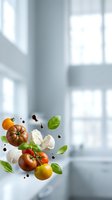 Fresh organic vegetables and herbs floating in modern kitchen with natural window light creating dynamic culinary composition for healthy cooking concepts.