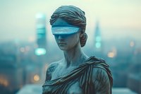 Young female statue with futuristic glowing visor against blurred urban cityscape background in moody cyan tones, conceptual art meets classical sculpture.