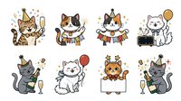 Cartoon cats celebrating with party elements isolated on white background, ready for design use on merchandise, invitations, and promotional materials.