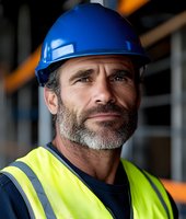 Confident mature construction worker with gray beard wearing blue hard hat and yellow safety vest looking ahead with determined expression at industrial site.