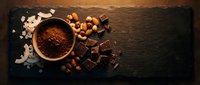 Dark chocolate pieces with cocoa powder in wooden bowl surrounded by hazelnuts on rustic slate background for gourmet cooking and baking projects.