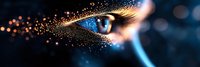 Magical glowing blue eye with golden sparkles and light trails against dark background, artistic macro photography for fantasy and mystery concepts.